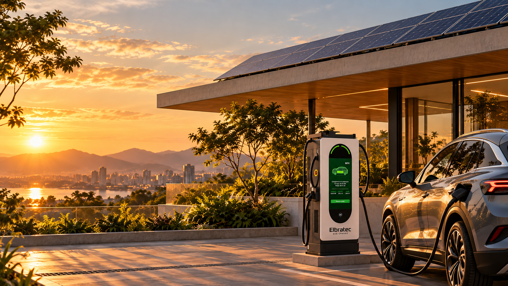 Carregador Elbratec EcoCharge sob cobertura com painéis solares ao pôr do sol