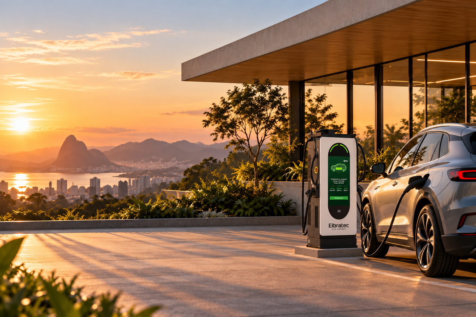 Carregador Elbratec EcoCharge em arquitetura moderna com veículo elétrico